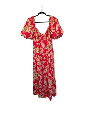 Every Coral Floral Puff-Sleeve Midi Dress Size Large Linen Blend